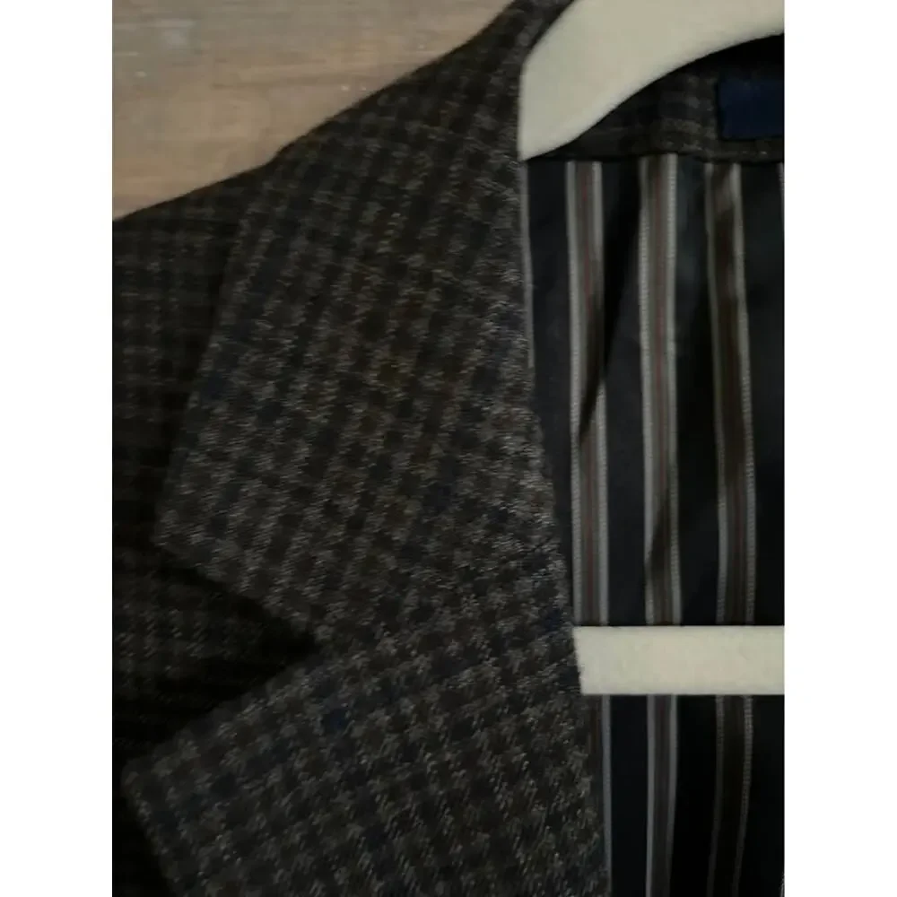 Men’s Stafford Herringbone Plaid Blazer Elbow Patch Wool Classic 42S Brown Navy